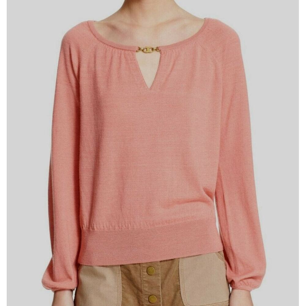 Tory Burch Gemini Link 100% Cashmere Sweater Pink Peach Gold Hardware Size M